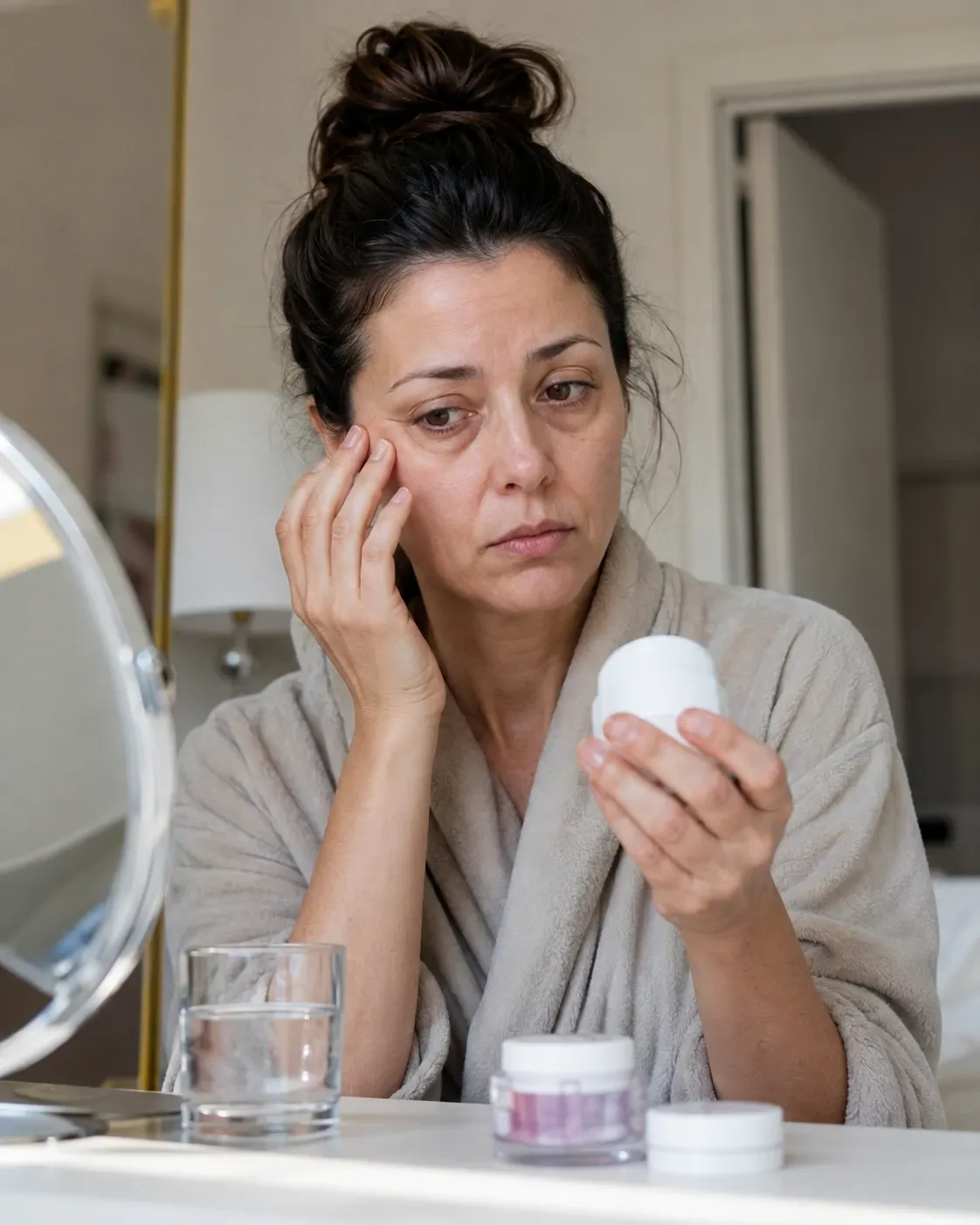 Mulher aplicando um creme na região dos olhos