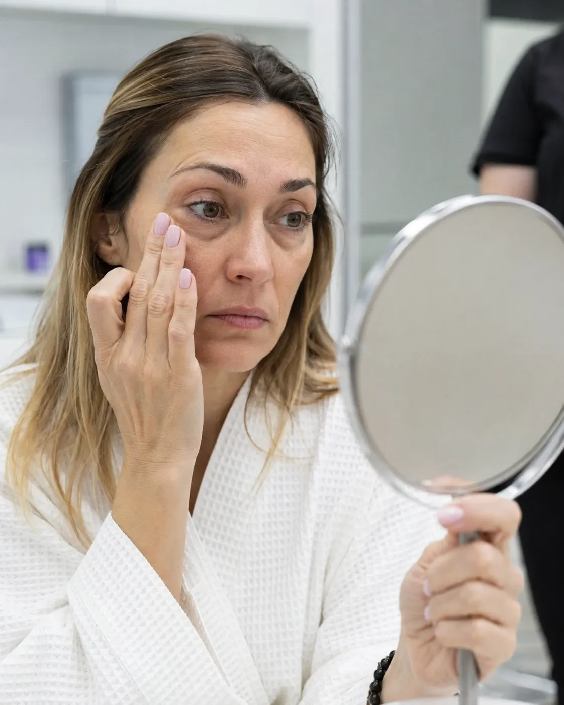 Mulher examinando a pele sob os olhos