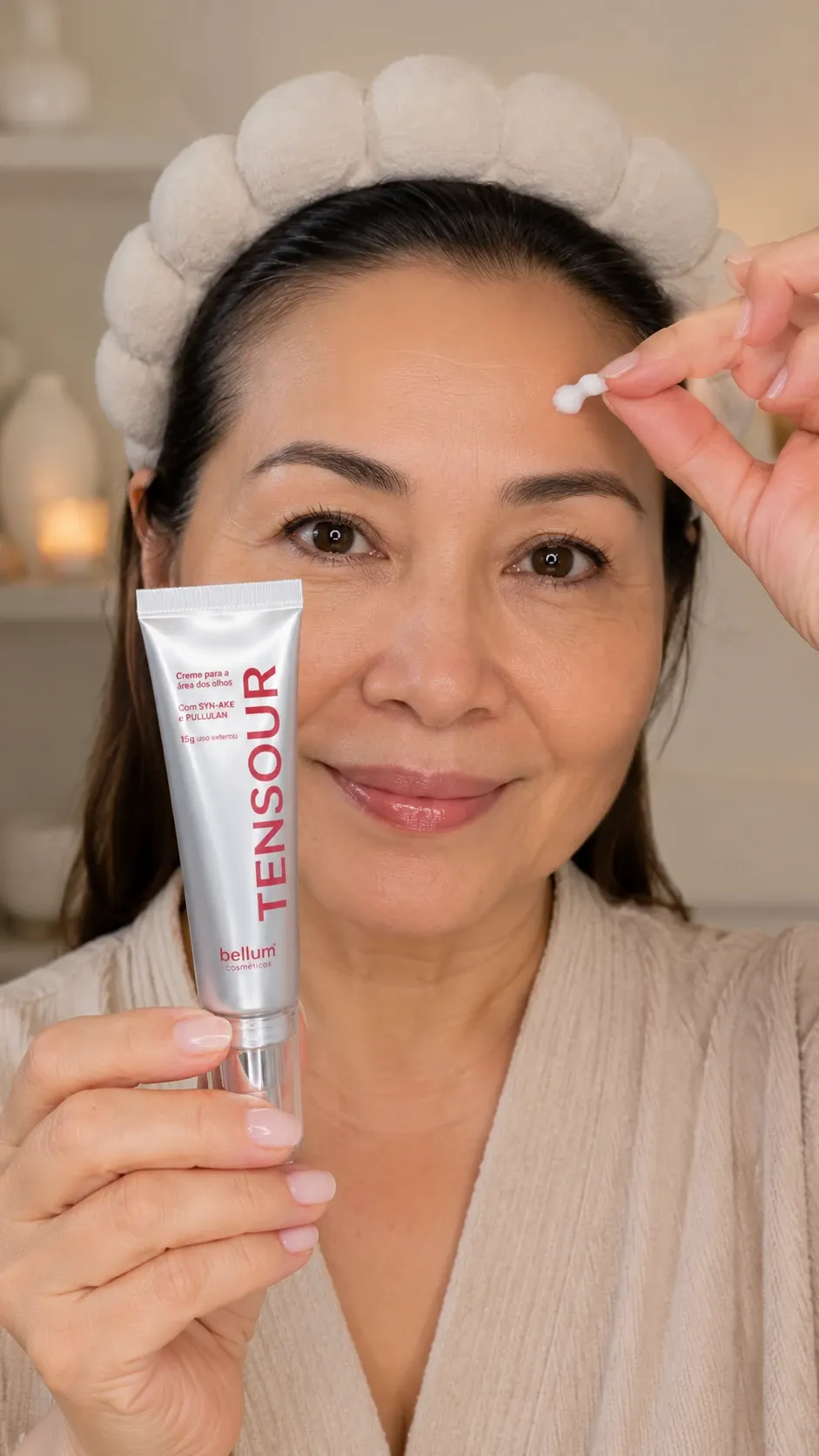 Cliente aplicando TENSOUR sob os olhos